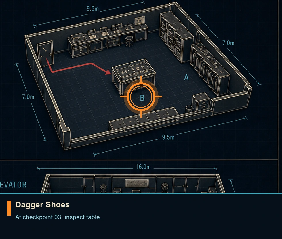 Location sketch for Dagger Shoes in 007 FIRST LIGHT