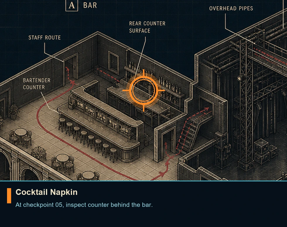 Location sketch for Cocktail Napkin in 007 FIRST LIGHT