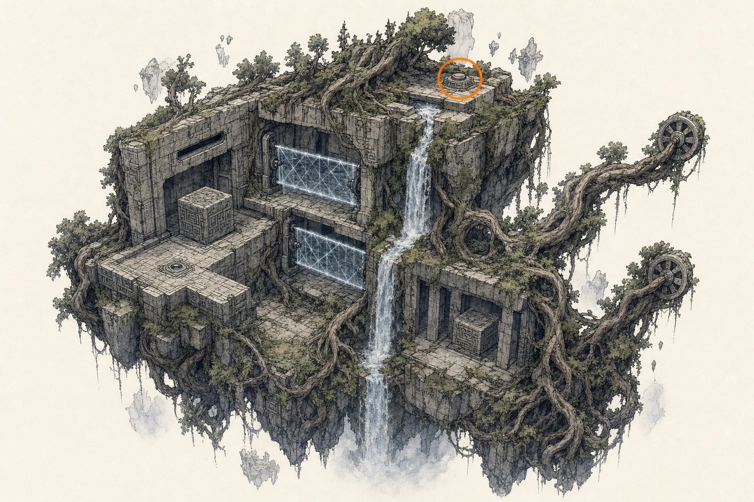 Location sketch for Restoration #38 — Roots of Truth in Crimson Desert