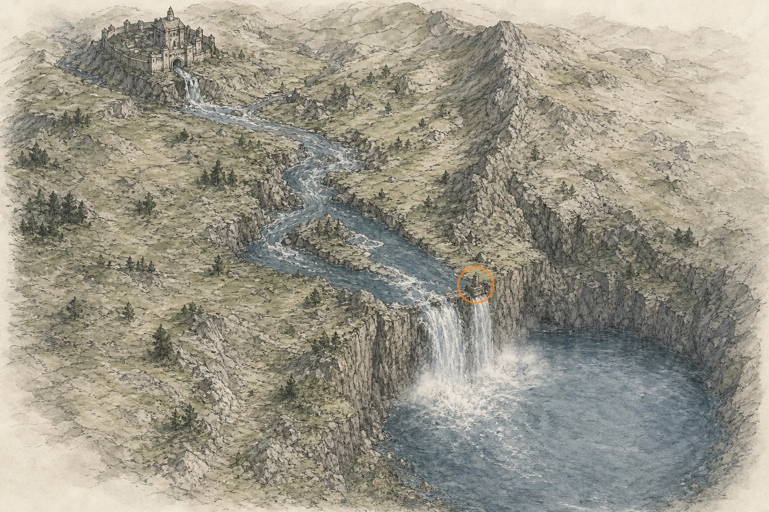 Location sketch for Secret Place #25 — The Stairway Falls in Crimson Desert