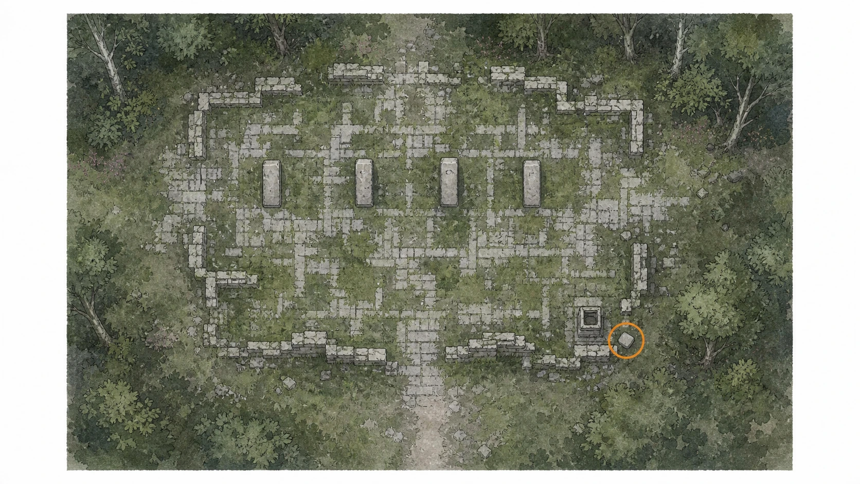 Location sketch for Ancient Ruin #12 — Duskwood Waterside Ruins in Crimson Desert