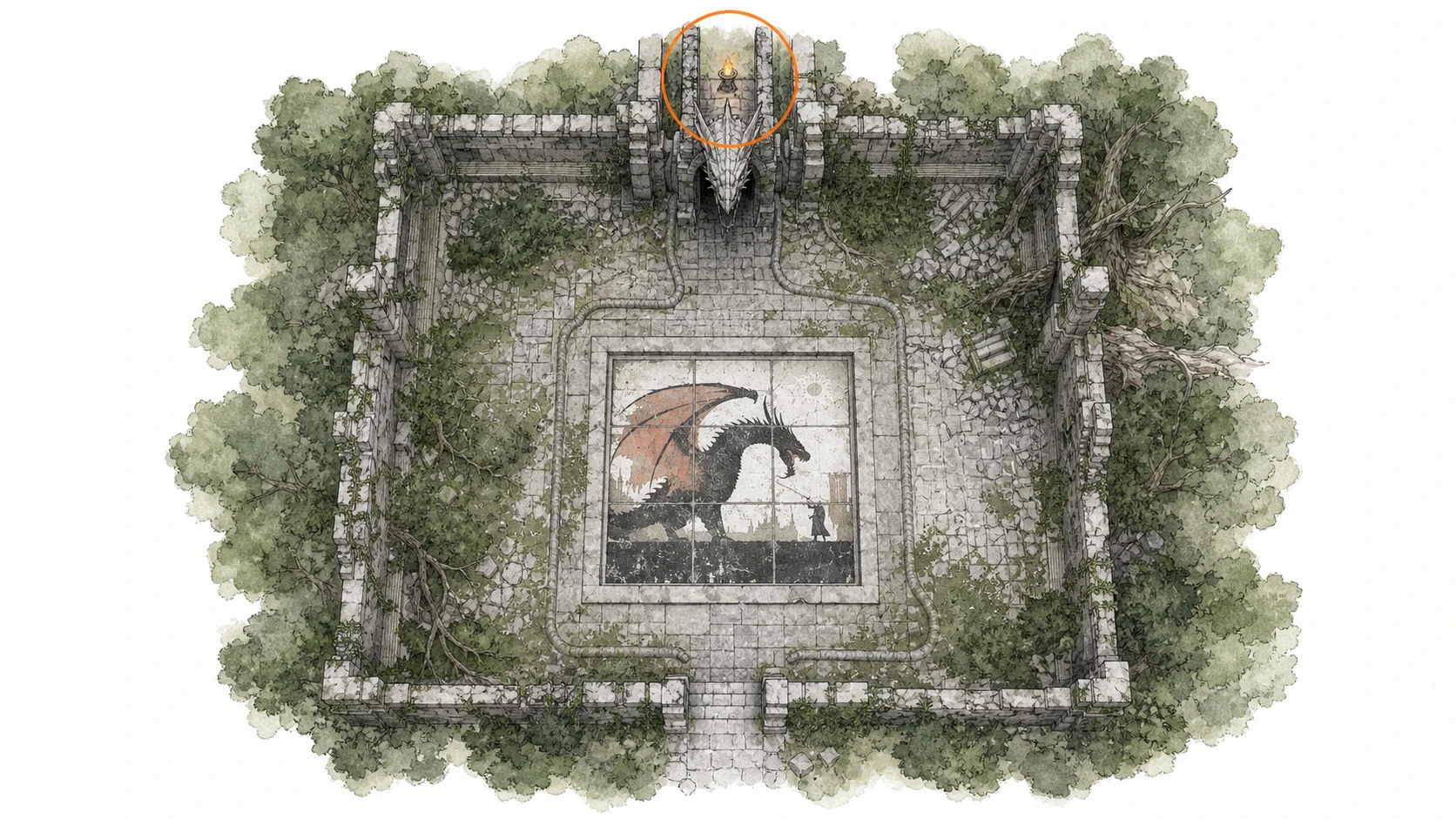 Location sketch for Ancient Ruin #15 — Deepfog Basin Dragon Head Ruins in Crimson Desert