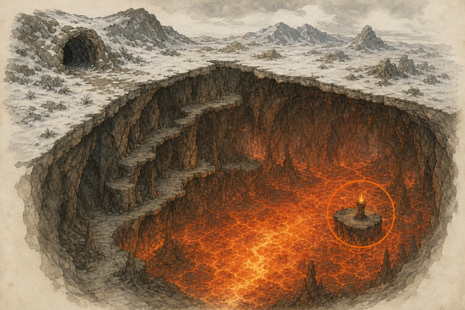 Location sketch for Secret Place #5 — Lava Under Snowy Plains in Crimson Desert