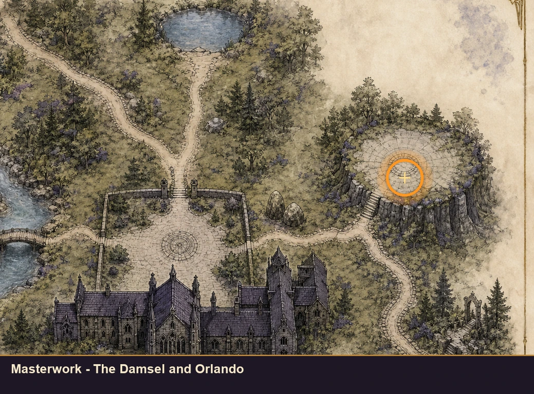 Location sketch for Masterwork - The Damsel and Orlando in Marvel's Midnight Suns
