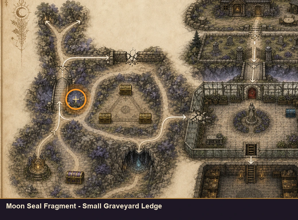 Location sketch for Moon Seal Fragment - Small Graveyard Ledge in Marvel's Midnight Suns