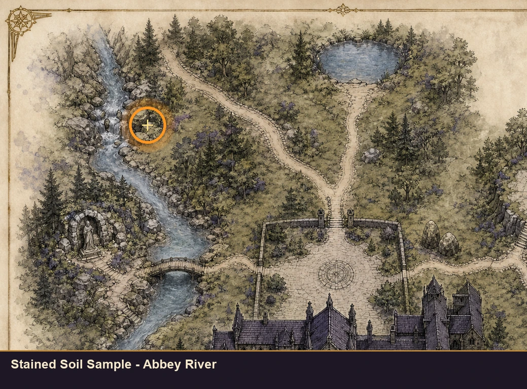 Location sketch for Stained Soil Sample - Abbey River in Marvel's Midnight Suns