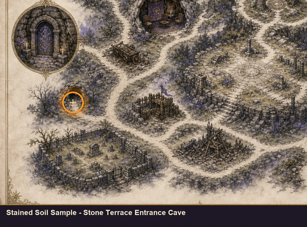 Location sketch for Stained Soil Sample - Stone Terrace Entrance Cave in Marvel's Midnight Suns