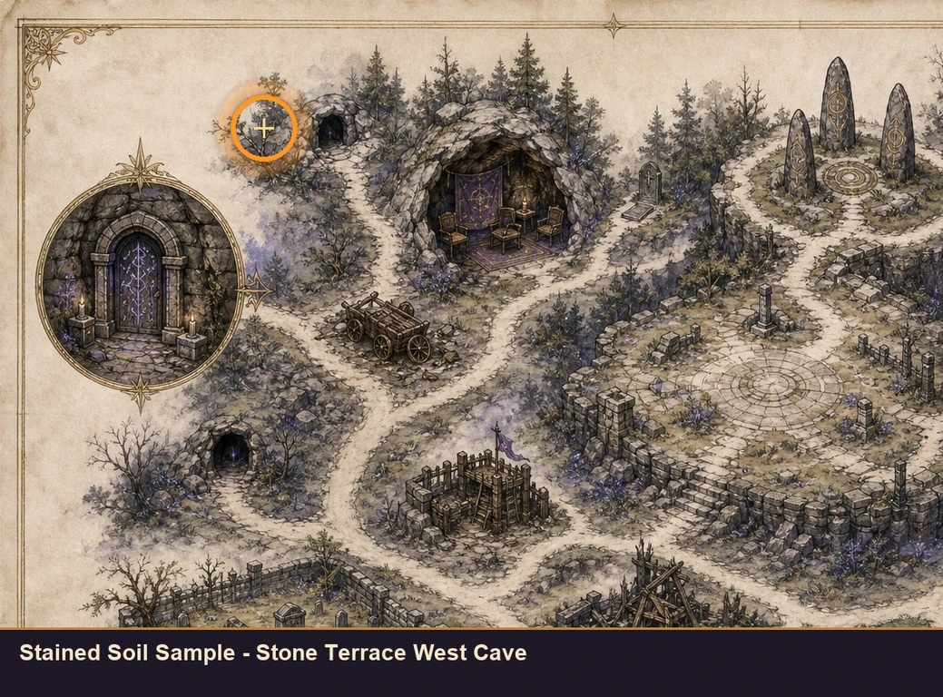 Location sketch for Stained Soil Sample - Stone Terrace West Cave in Marvel's Midnight Suns
