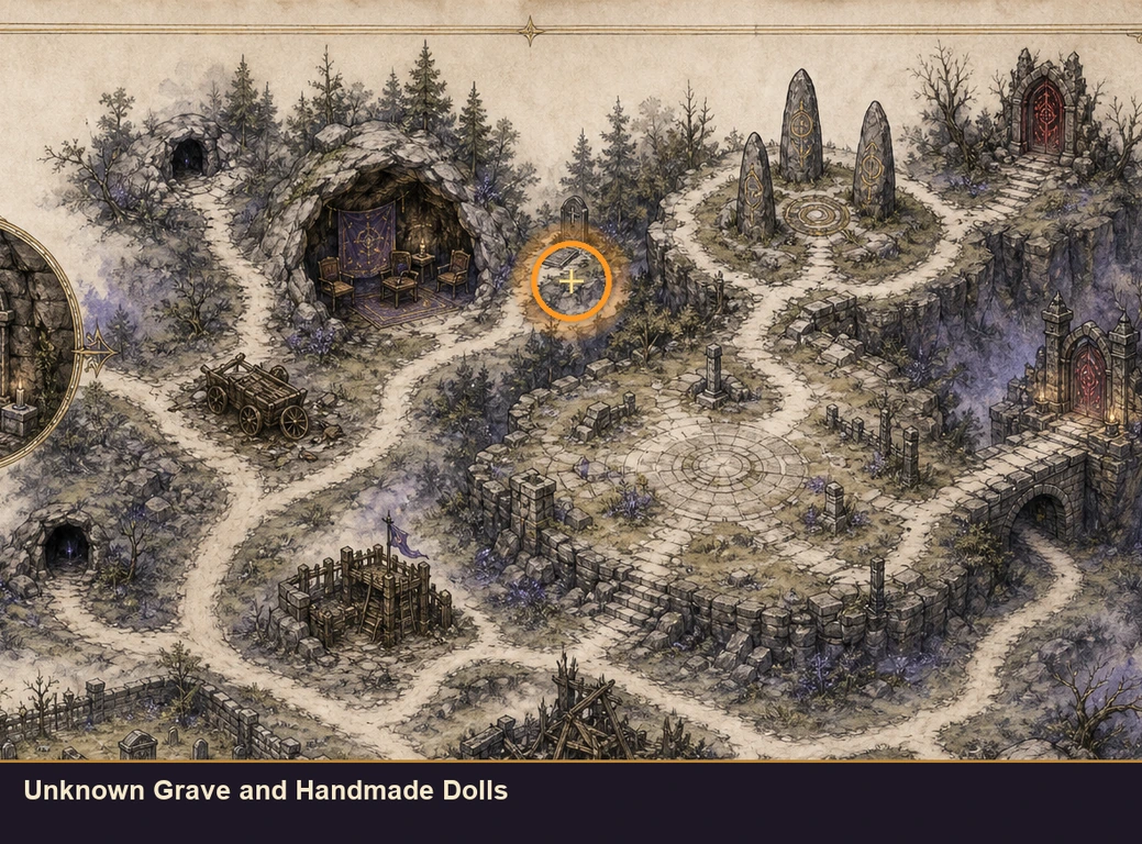 Location sketch for Unknown Grave and Handmade Dolls in Marvel's Midnight Suns