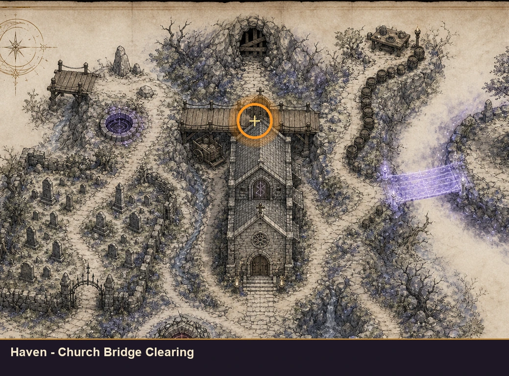 Location sketch for Haven - Church Bridge Clearing in Marvel's Midnight Suns