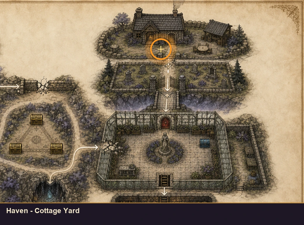 Location sketch for Haven - Cottage Yard in Marvel's Midnight Suns