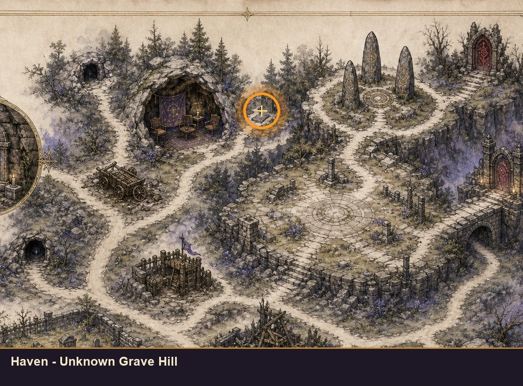 Location sketch for Haven - Unknown Grave Hill in Marvel's Midnight Suns