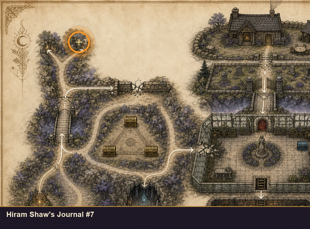 Location sketch for Hiram Shaw's Journal #7 in Marvel's Midnight Suns