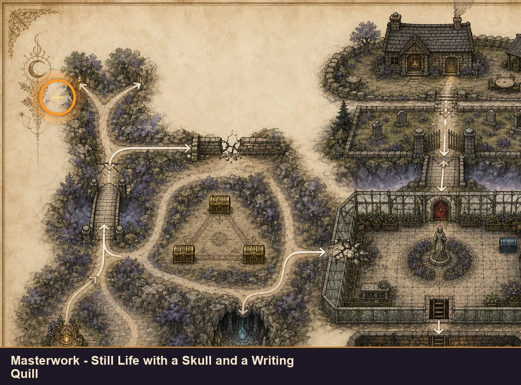 Location sketch for Masterwork - Still Life with a Skull and a Writing Quill in Marvel's Midnight Suns