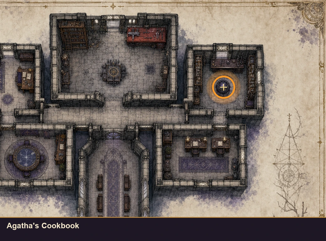 Location sketch for Agatha's Cookbook in Marvel's Midnight Suns
