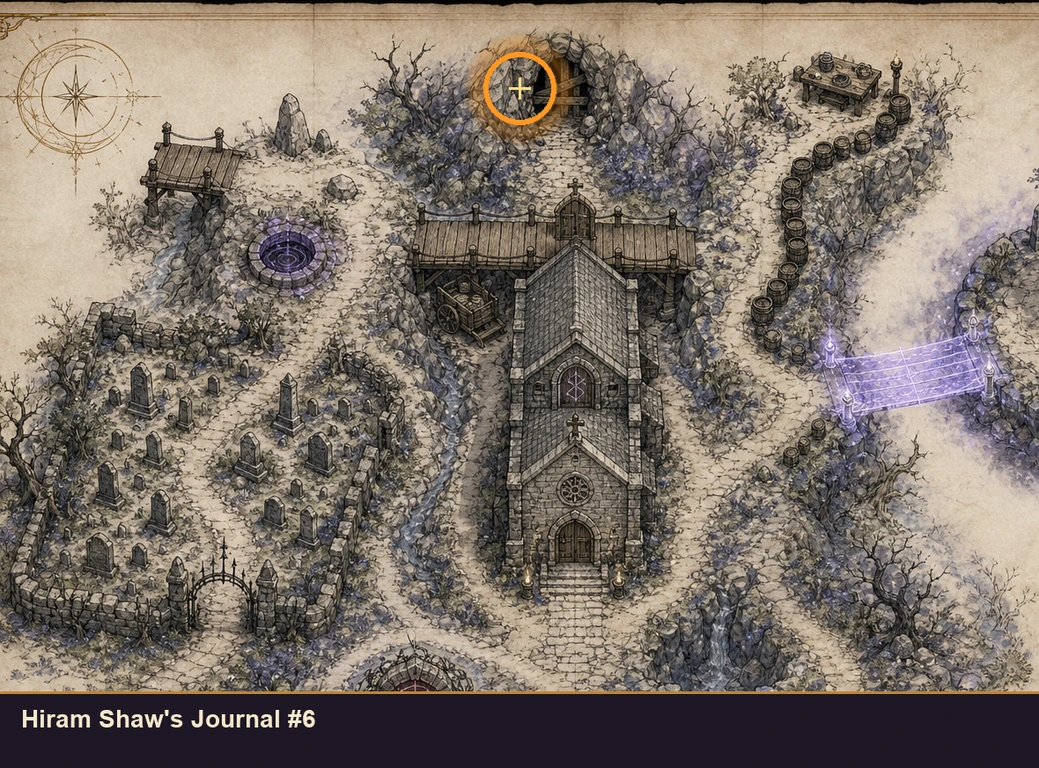Location sketch for Hiram Shaw's Journal #6 in Marvel's Midnight Suns