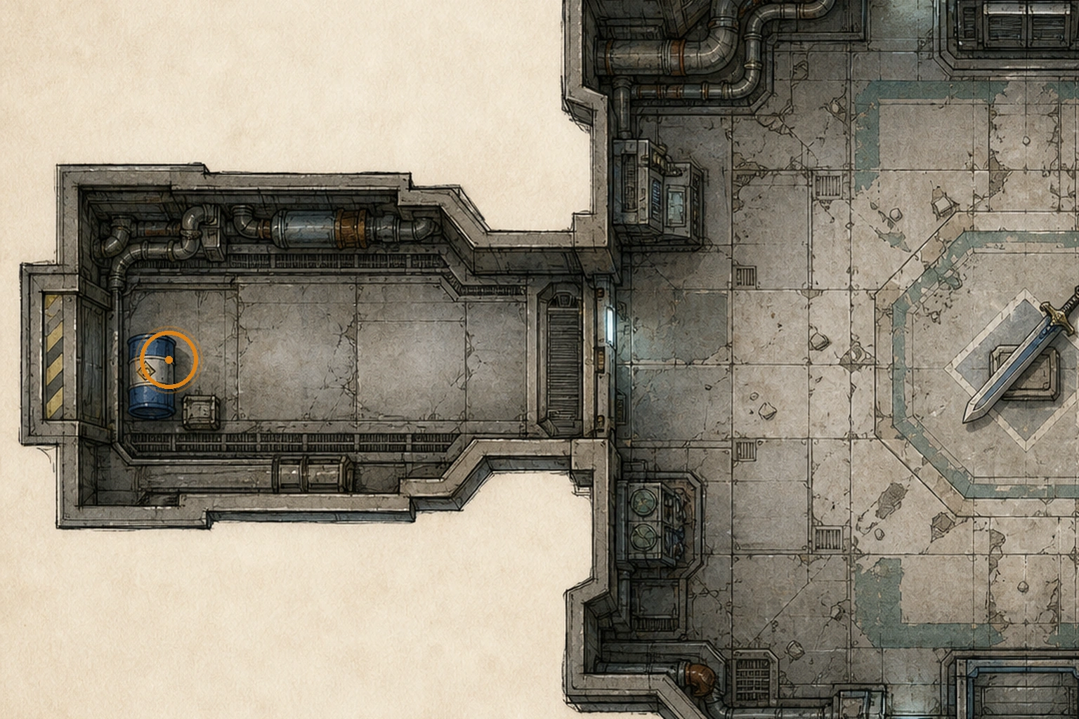 Location sketch for Tricell Barrel Reference in Resident Evil: Requiem
