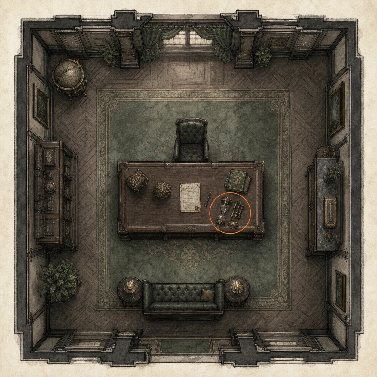 Location sketch for Hourglass in Resident Evil: Requiem