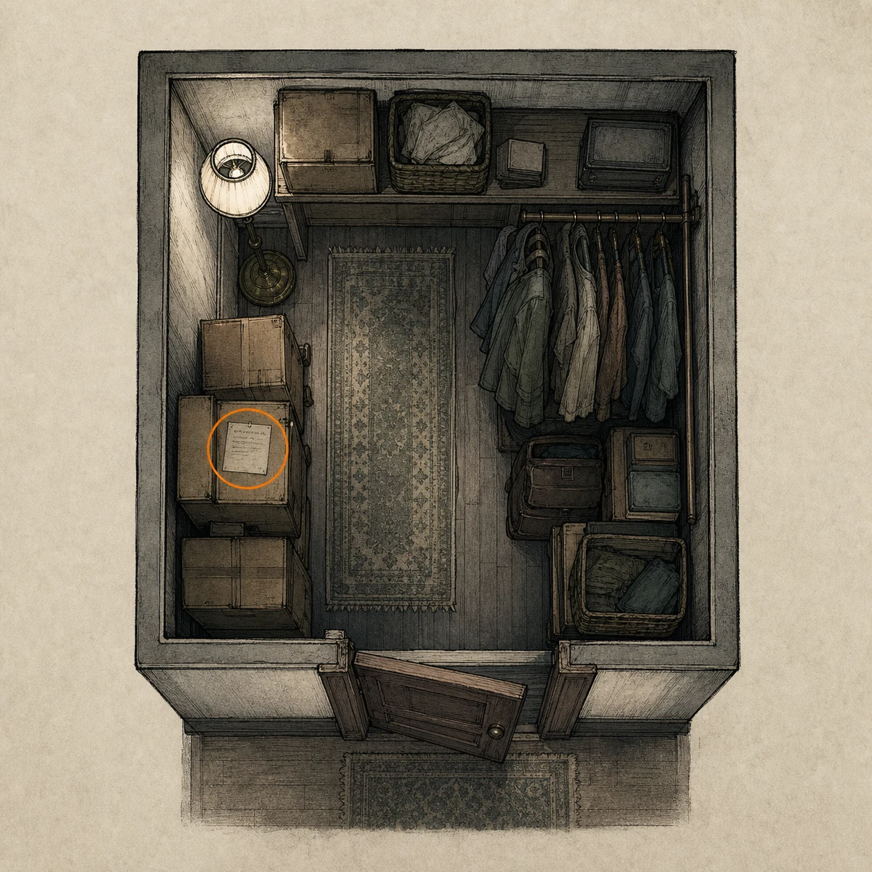 Location sketch for File #8 - Note on Cardboard Box in Resident Evil: Requiem