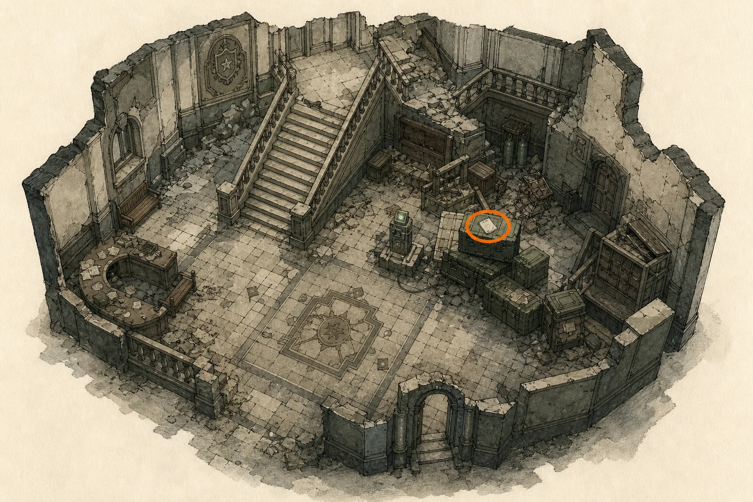 Location sketch for File #54 - R.P.D. Perimeter Report in Resident Evil: Requiem